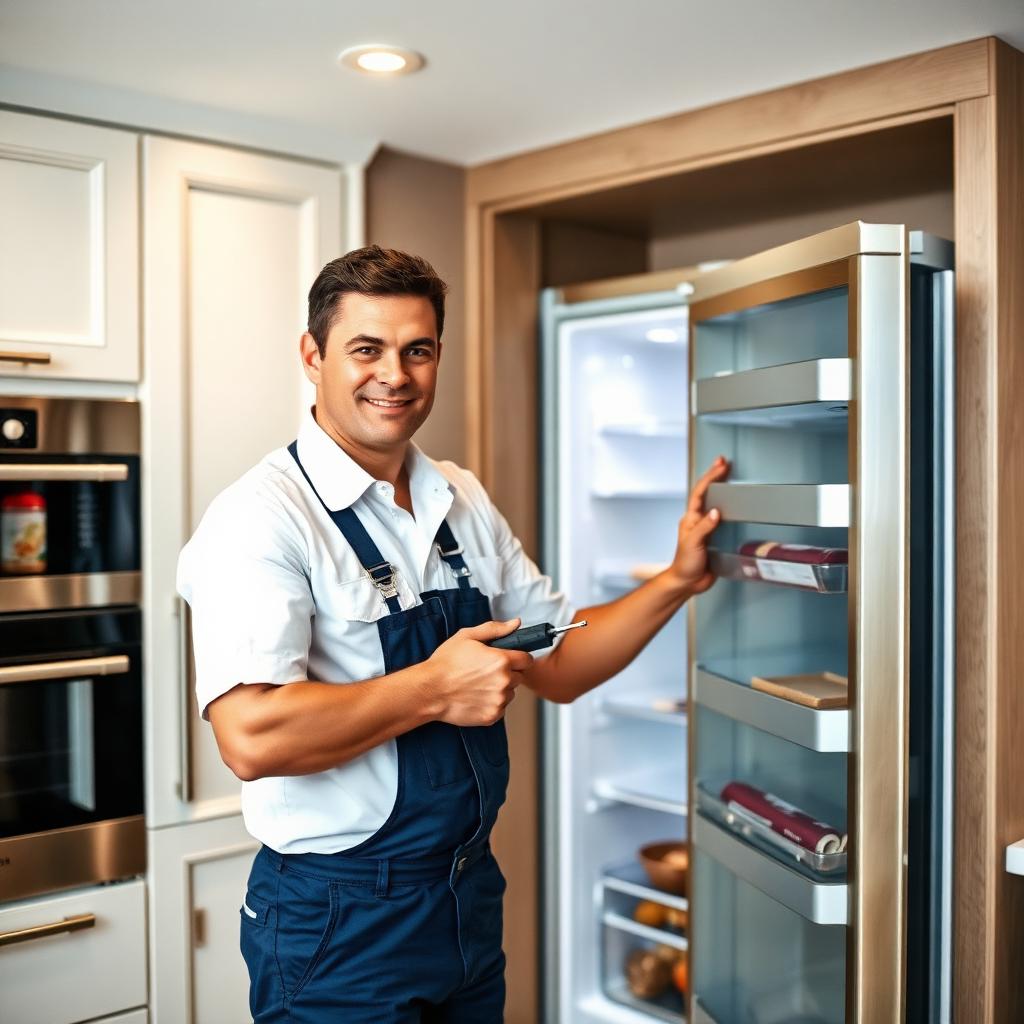 Factory-trained Liebherr technician servicing a built-in refrigerator